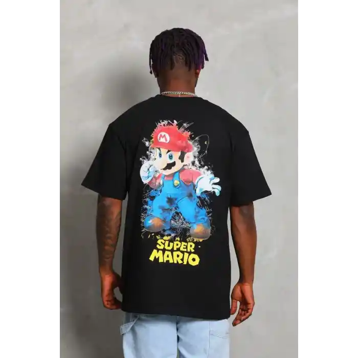 Unisex Oversize Baskılı Bisiklet Yaka T-Shirt - Siyah