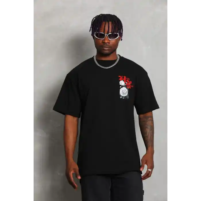 Unisex Oversize Baskılı Bisiklet Yaka T-Shirt - Siyah