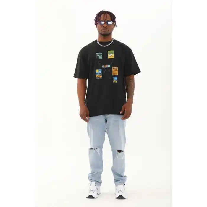 Unisex Oversize Baskılı Bisiklet Yaka T-Shirt - Siyah