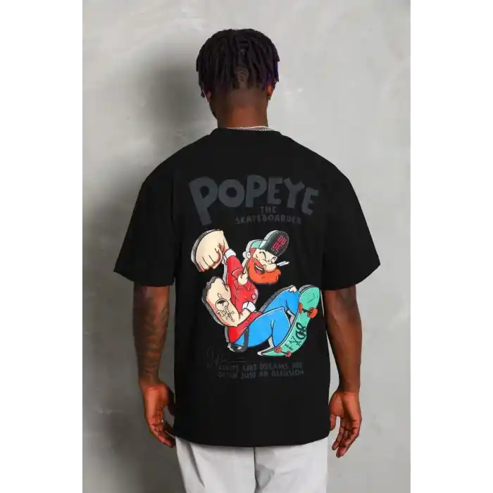 Unisex Oversize Baskılı Bisiklet Yaka T-Shirt - Siyah