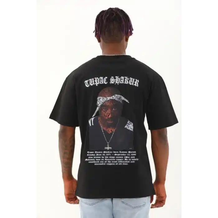 Unisex Oversize Baskılı Bisiklet Yaka T-Shirt - Siyah