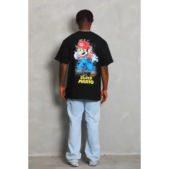 Unisex Oversize Baskılı Bisiklet Yaka T-Shirt - Siyah