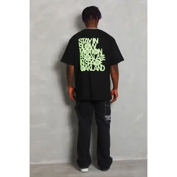 Unisex Oversize Baskılı Bisiklet Yaka T-Shirt - Siyah