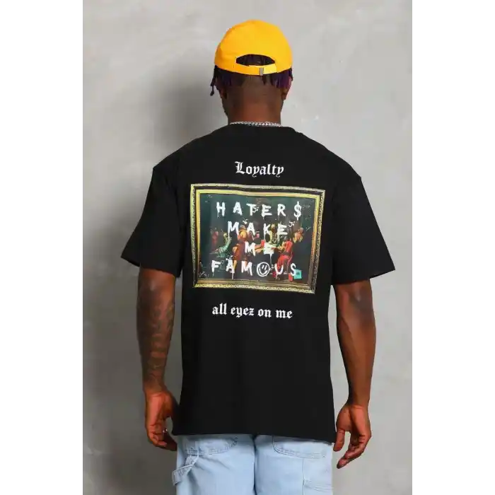 Unisex Oversize Baskılı Bisiklet Yaka T-Shirt - Siyah