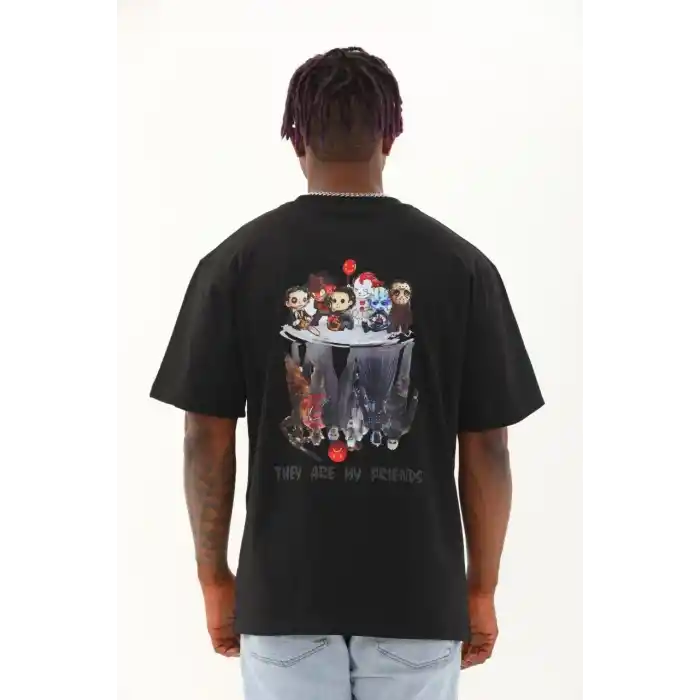 Unisex Oversize Baskılı Bisiklet Yaka T-Shirt - Siyah