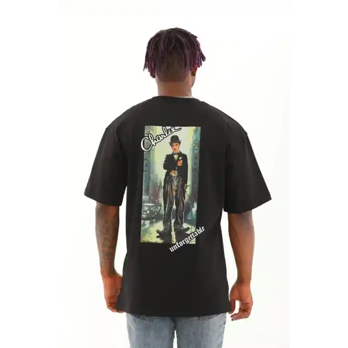 Unisex Oversize Baskılı Bisiklet Yaka T-Shirt - Siyah