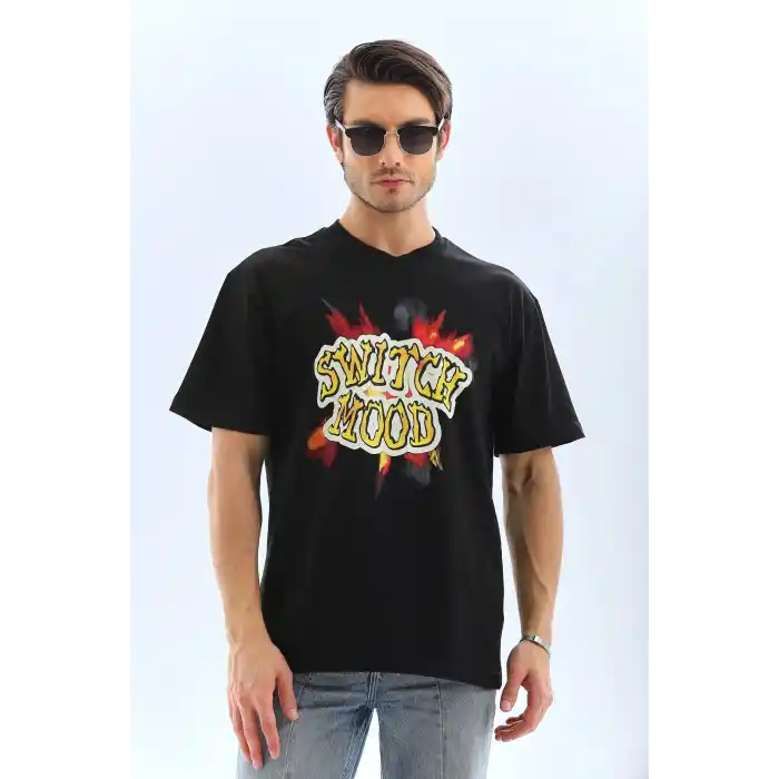 Unisex Oversize Baskılı Bisiklet Yaka T-Shirt - Siyah