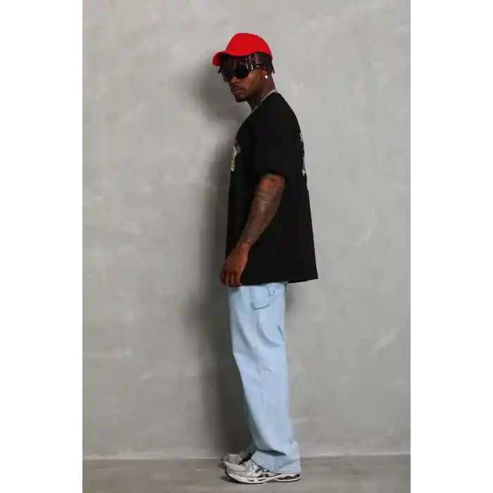 Unisex Oversize Baskılı Bisiklet Yaka T-Shirt - Siyah