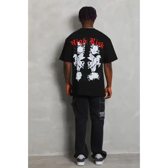 Unisex Oversize Baskılı Bisiklet Yaka T-Shirt - Siyah