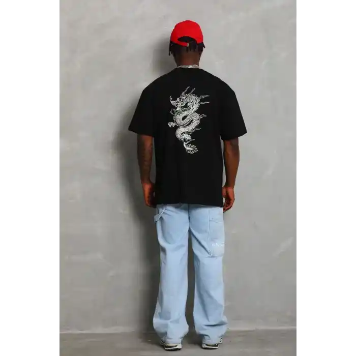 Unisex Oversize Baskılı Bisiklet Yaka T-Shirt - Siyah