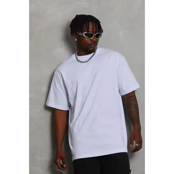 Unisex Oversize Düz Bisiklet Yaka T-Shirt - Beyaz