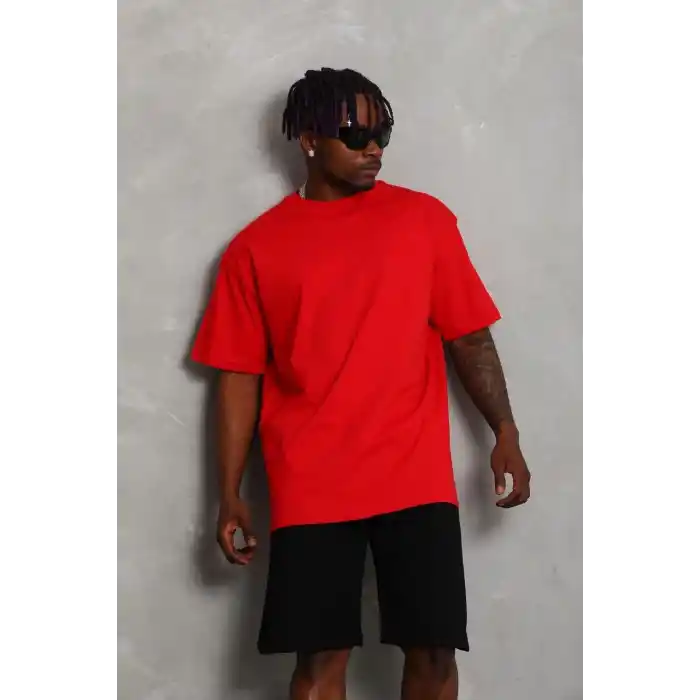 Unisex Oversize Düz Bisiklet Yaka T-Shirt - Kırmızı