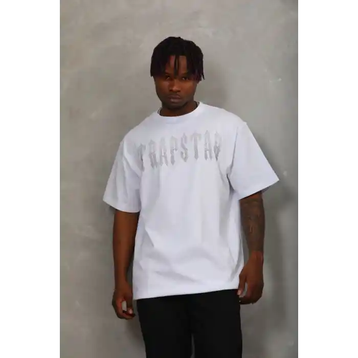 Unisex Oversize Taşlı Bisiklet Yaka T-Shirt - Beyaz