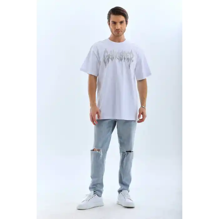 Unisex Oversize Taşlı Bisiklet Yaka T-Shirt - Beyaz