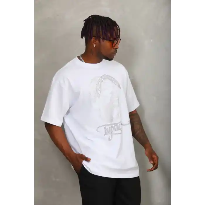 Unisex Oversize Taşlı Bisiklet Yaka T-Shirt - Beyaz