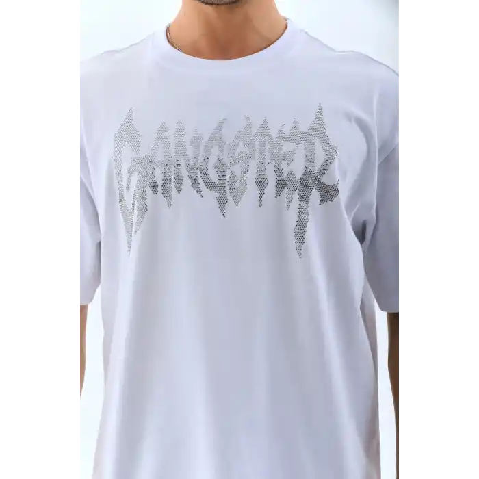 Unisex Oversize Taşlı Bisiklet Yaka T-Shirt - Beyaz