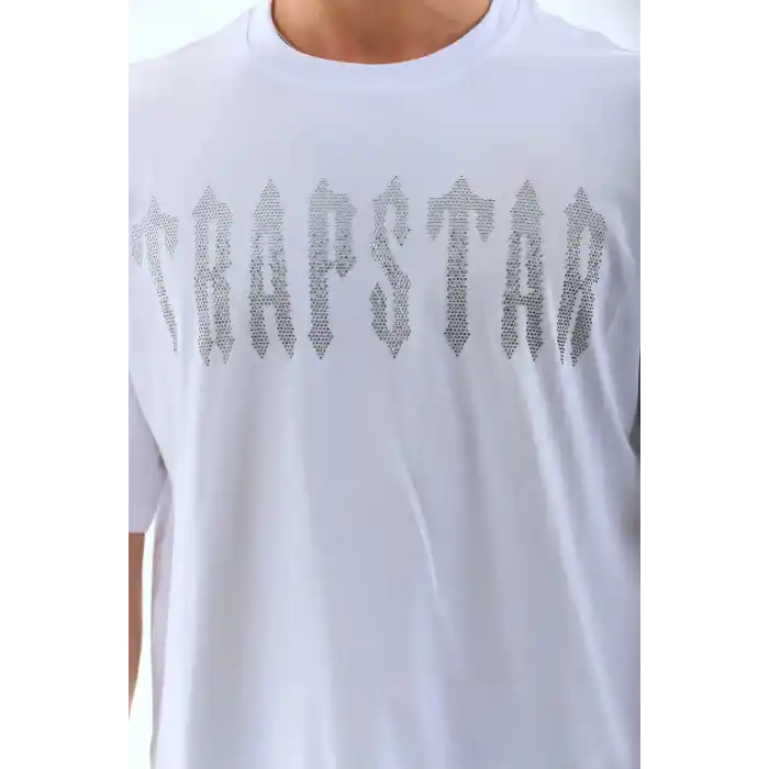 Unisex Oversize Taşlı Bisiklet Yaka T-Shirt - Beyaz