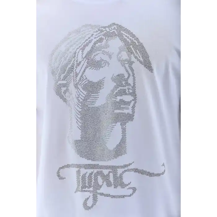 Unisex Oversize Taşlı Bisiklet Yaka T-Shirt - Beyaz