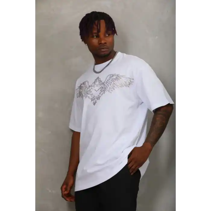 Unisex Oversize Taşlı Bisiklet Yaka T-Shirt - Beyaz