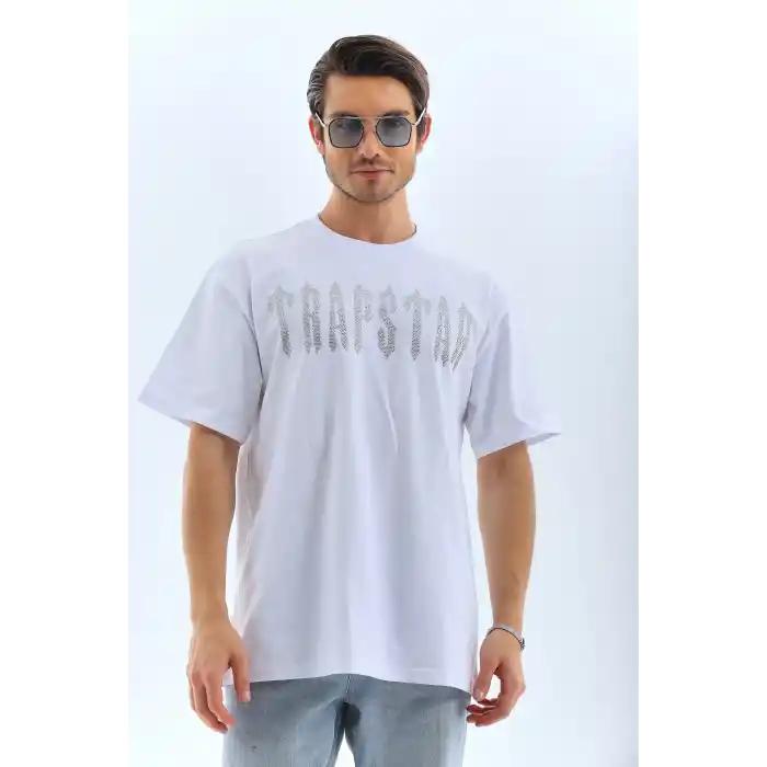 Unisex Oversize Taşlı Bisiklet Yaka T-Shirt - Beyaz