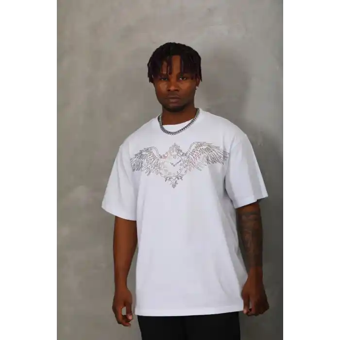 Unisex Oversize Taşlı Bisiklet Yaka T-Shirt - Beyaz