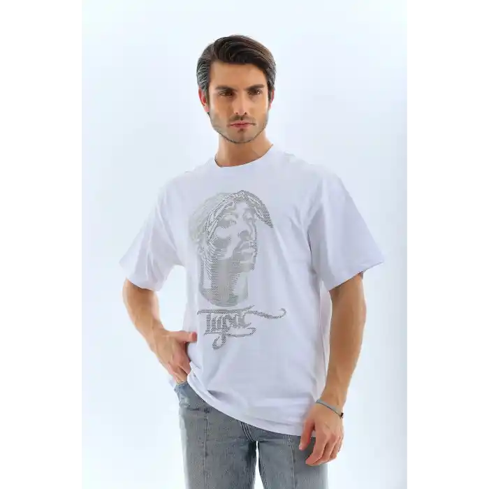 Unisex Oversize Taşlı Bisiklet Yaka T-Shirt - Beyaz