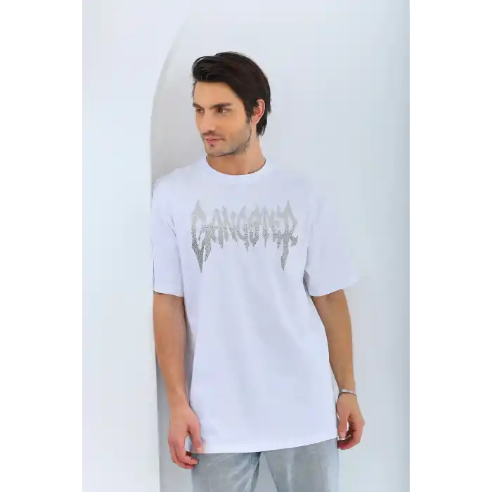 Unisex Oversize Taşlı Bisiklet Yaka T-Shirt - Beyaz