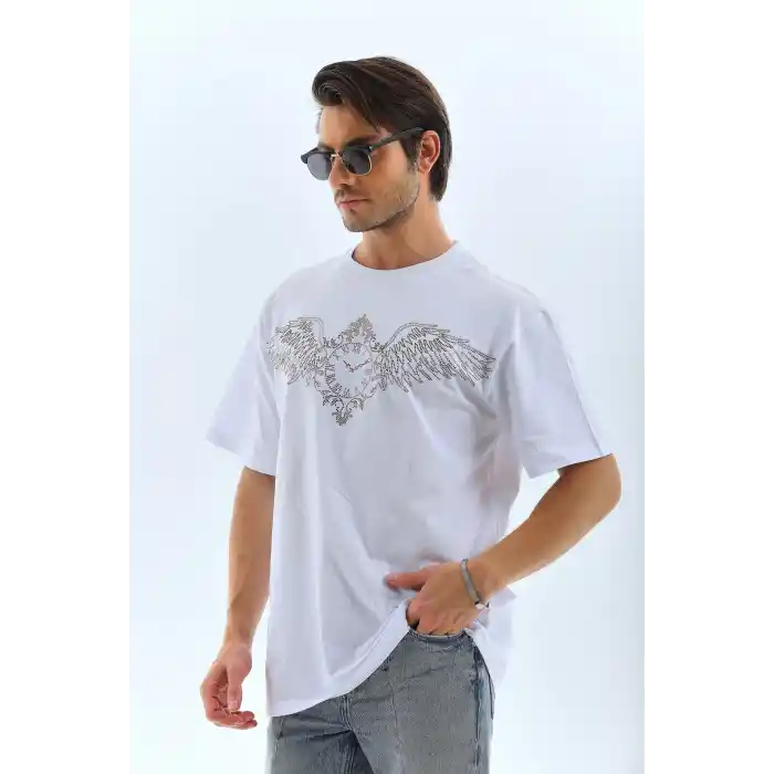 Unisex Oversize Taşlı Bisiklet Yaka T-Shirt - Beyaz