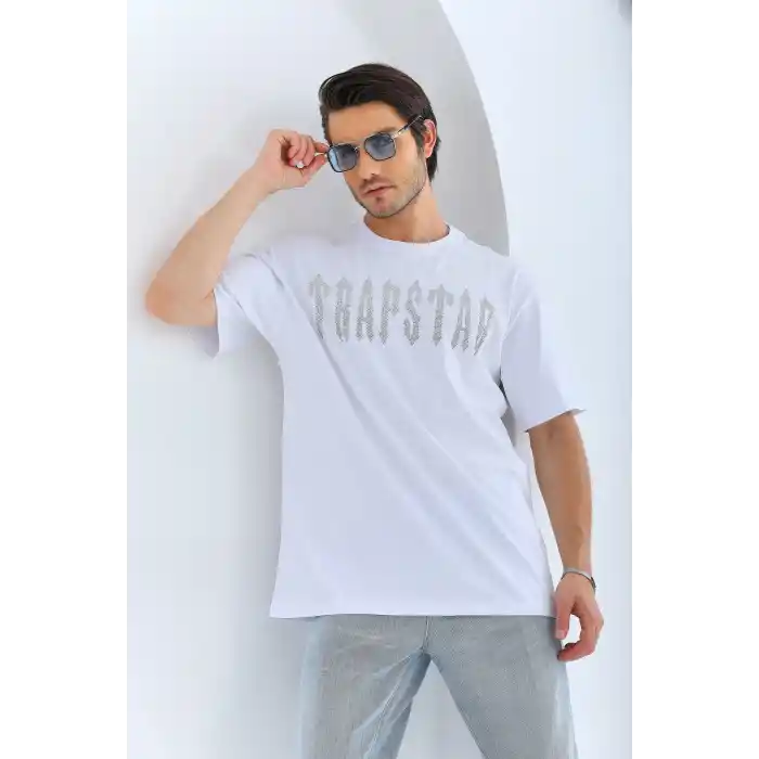 Unisex Oversize Taşlı Bisiklet Yaka T-Shirt - Beyaz