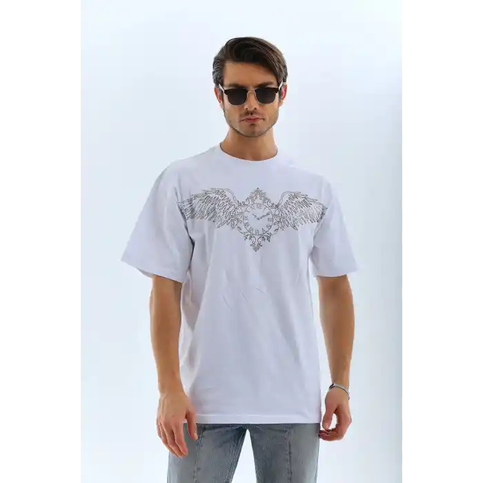 Unisex Oversize Taşlı Bisiklet Yaka T-Shirt - Beyaz