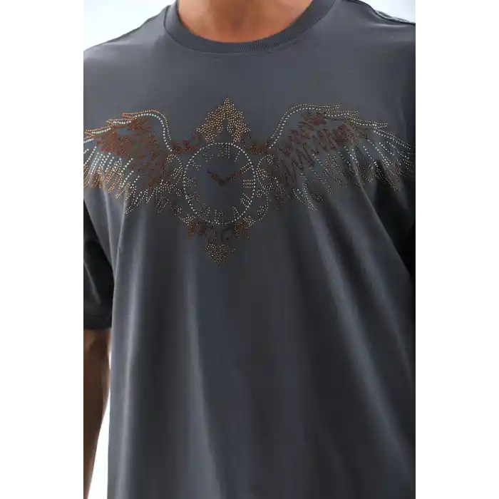 Unisex Oversize Taşlı Bisiklet Yaka T-Shirt - Füme