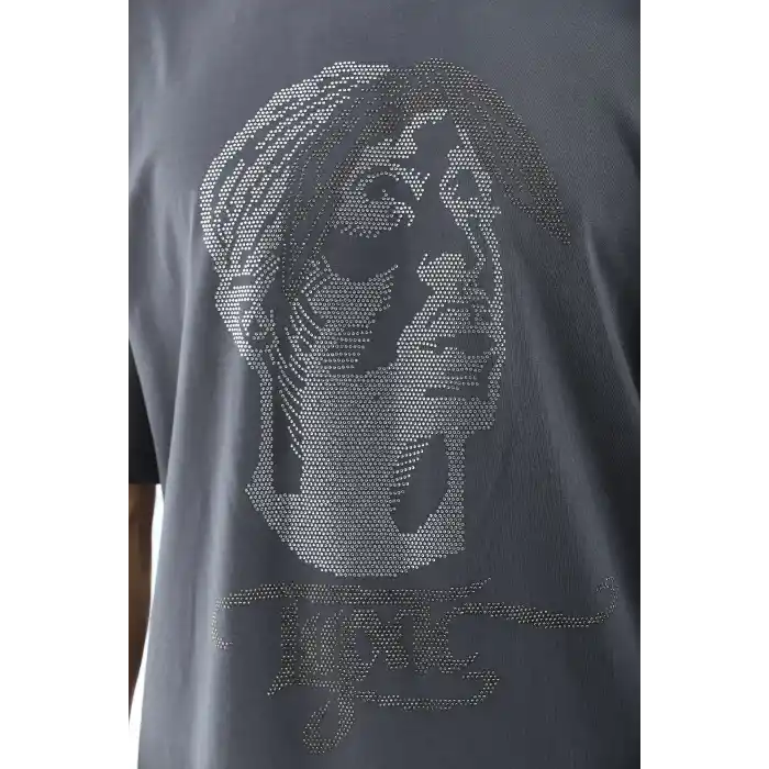 Unisex Oversize Taşlı Bisiklet Yaka T-Shirt - Füme