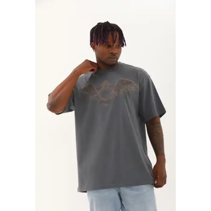 Unisex Oversize Taşlı Bisiklet Yaka T-Shirt - Füme