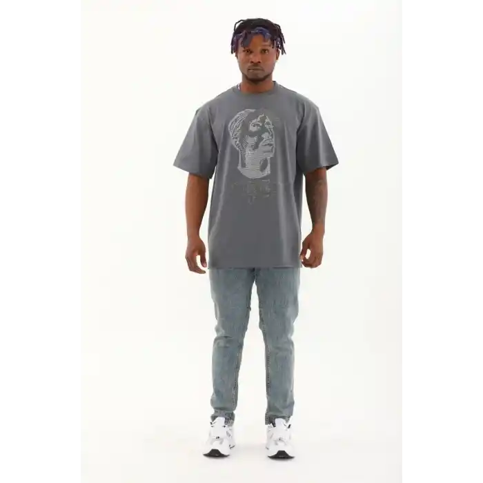 Unisex Oversize Taşlı Bisiklet Yaka T-Shirt - Füme