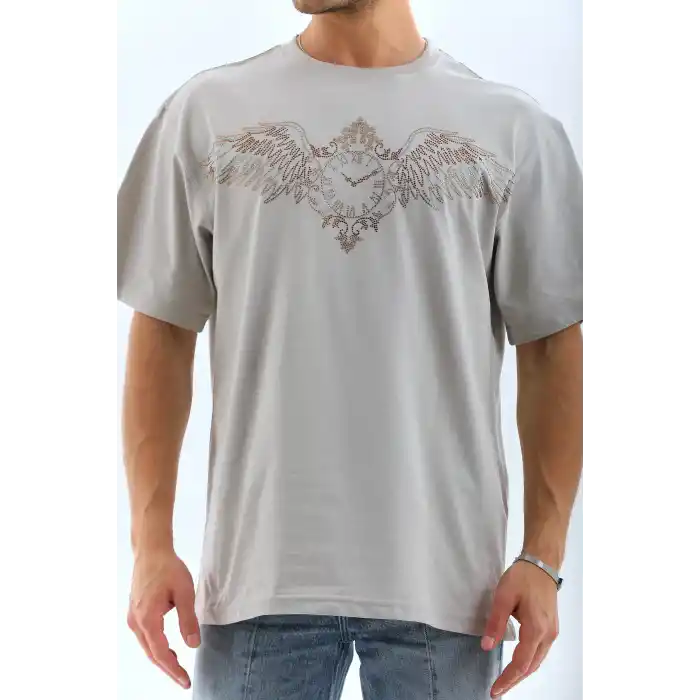 Unisex Oversize Taşlı Bisiklet Yaka T-Shirt - Gri