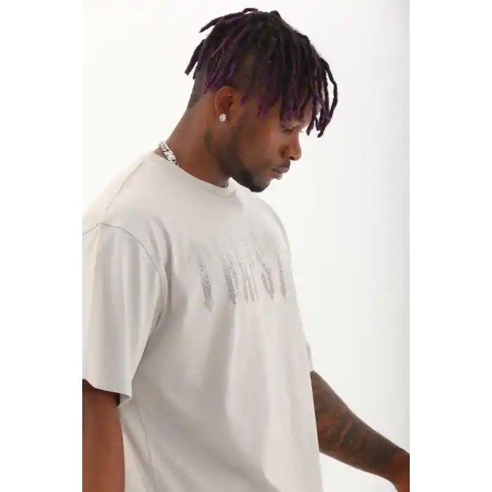 Unisex Oversize Taşlı Bisiklet Yaka T-Shirt - Gri