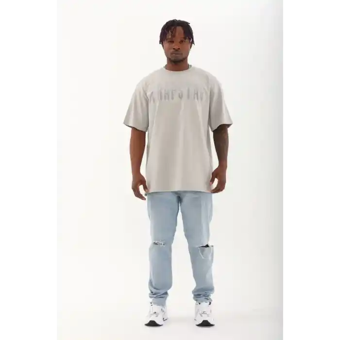 Unisex Oversize Taşlı Bisiklet Yaka T-Shirt - Gri