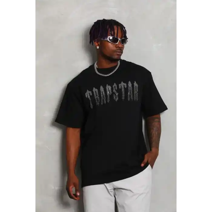 Unisex Oversize Taşlı Bisiklet Yaka T-Shirt - Siyah