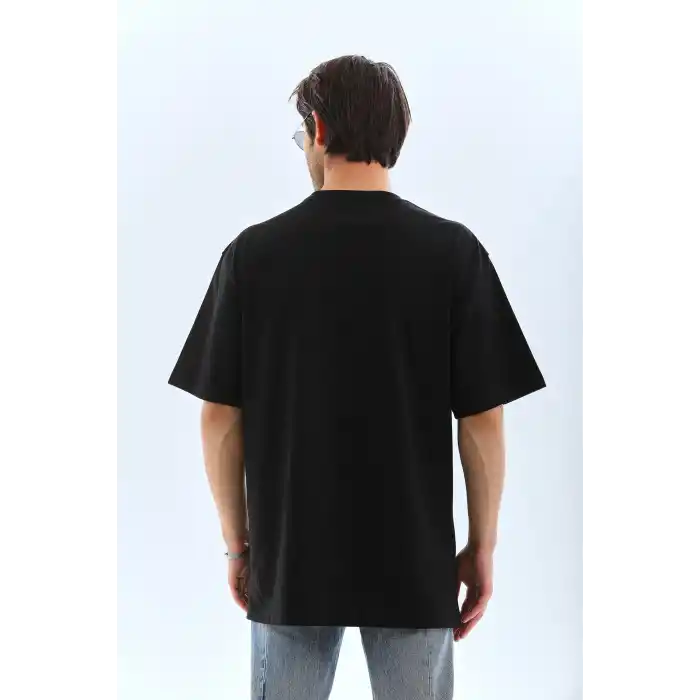 Unisex Oversize Taşlı Bisiklet Yaka T-Shirt - Siyah