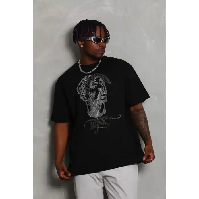 Unisex Oversize Taşlı Bisiklet Yaka T-Shirt - Siyah