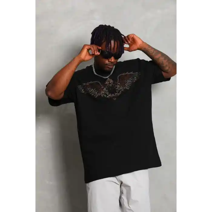 Unisex Oversize Taşlı Bisiklet Yaka T-Shirt - Siyah