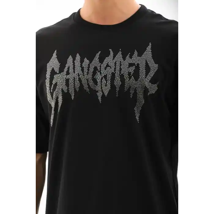 Unisex Oversize Taşlı Bisiklet Yaka T-Shirt - Siyah