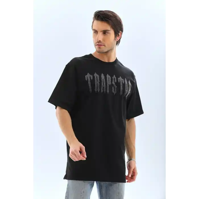 Unisex Oversize Taşlı Bisiklet Yaka T-Shirt - Siyah