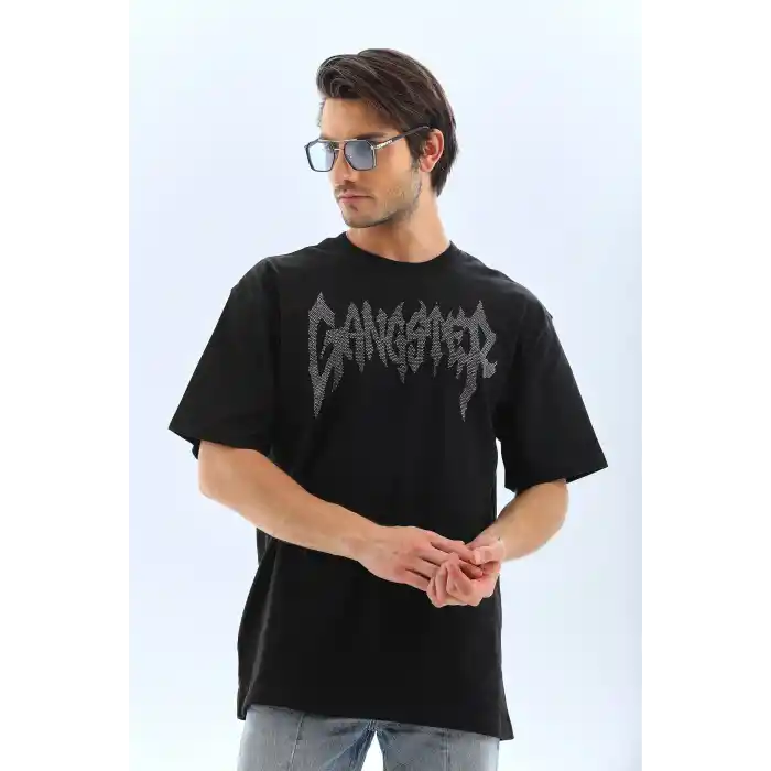 Unisex Oversize Taşlı Bisiklet Yaka T-Shirt - Siyah