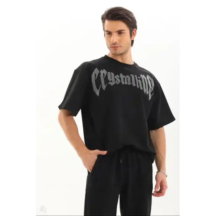 Unisex Oversize Taşlı T-Shirt - Siyah