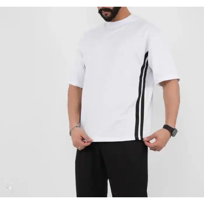 Unisex Oversize Yanları Şeritli T-Shirt - Beyaz