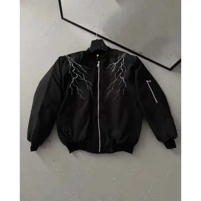 Unisex Siyah Bomber Mont – Beyaz Şimşek Desenli, Fermuarlı Cepli, Kapitone Astarlı Sokak Stili Günlük Ceket - Siyah