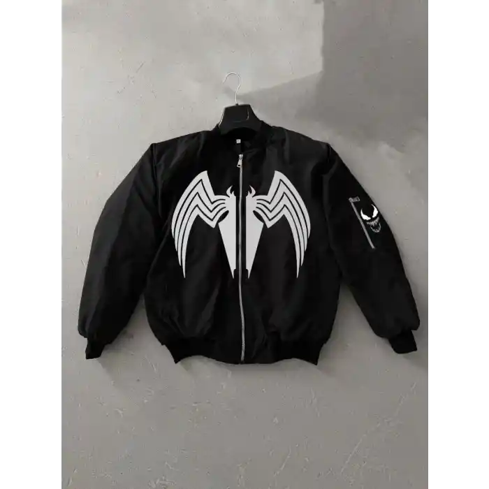 Unisex Siyah Bomber Mont – Venom Beyaz Örümcek Logolu, Fermuarlı Cepli, Kapitone Astarlı Günlük Mont - Siyah