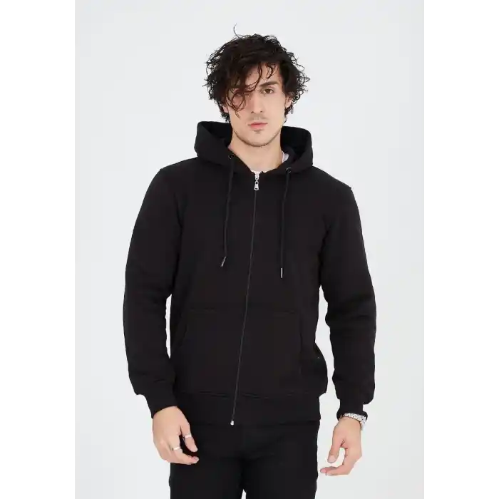 Unisex Tam Fermuarlı Kapşonlu  SweatShirt - Siyah