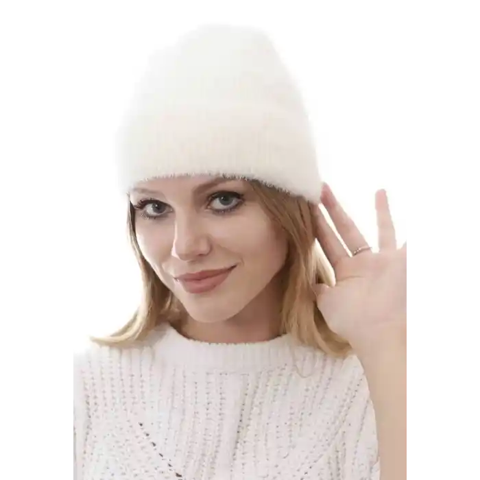 Unisex Tam Kalıp İnce Sakallı Triko Bere - Beyaz